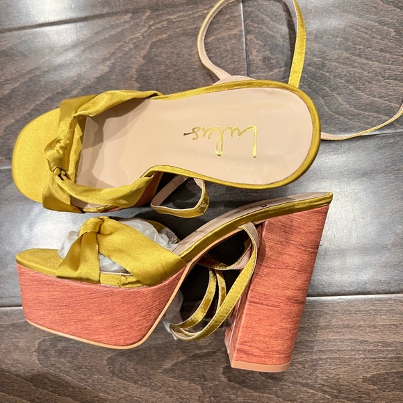 Lulu's Shoes Gold Satin Ankle Strap Wooden Platform Sandals Poshmark